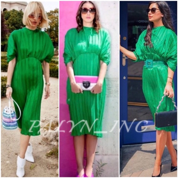 green pleated dress zara